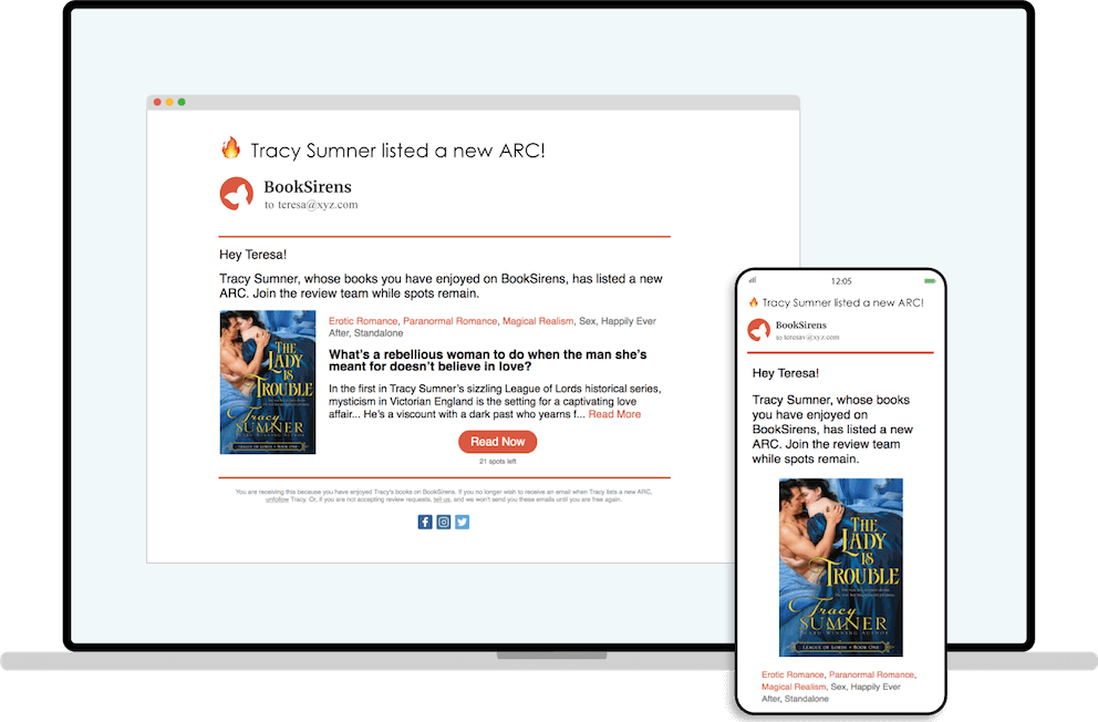 Email alerting a book reviewer about a new ARC from an author they enjoy
