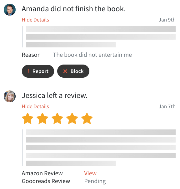 Activity feed showing a 5 star review and a DNF