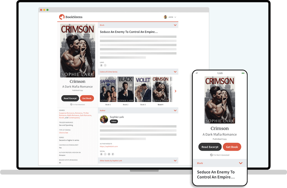 Responsive ARC landing page featuring a blurb, genre details, and the related books