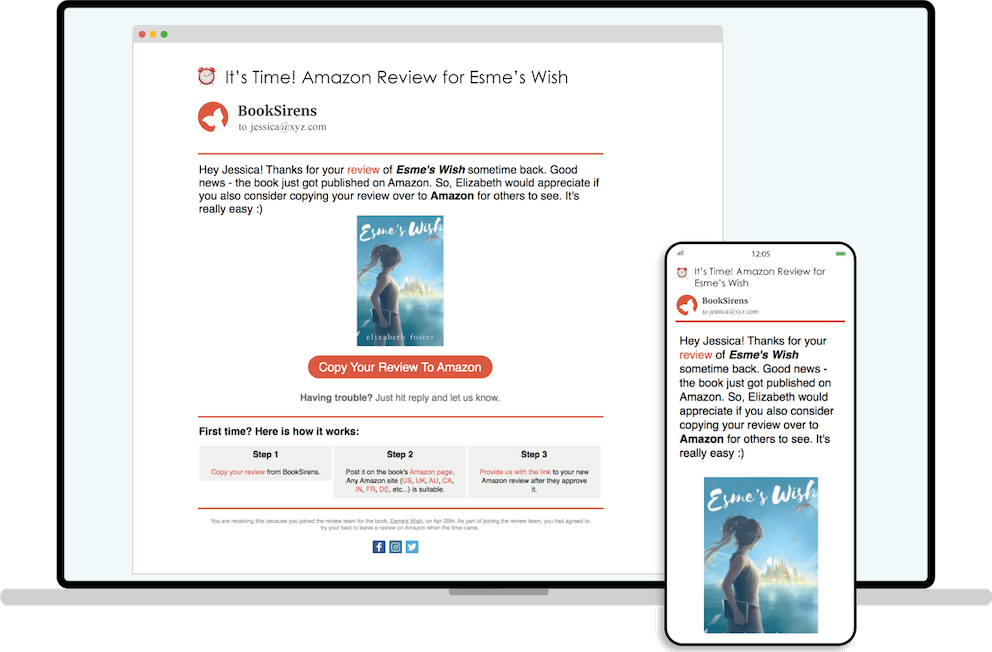 Email reminding a reader to post review on Amazon upon book release