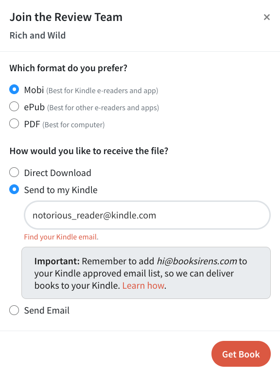 Readers can pick their preferred ebook format and delivery method