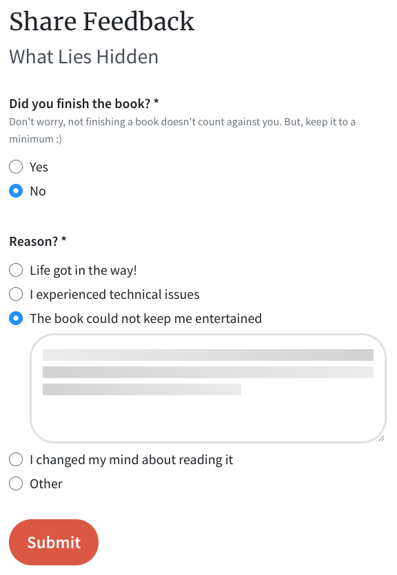 Form asking reader to give feedback for why they didn't finish the book
